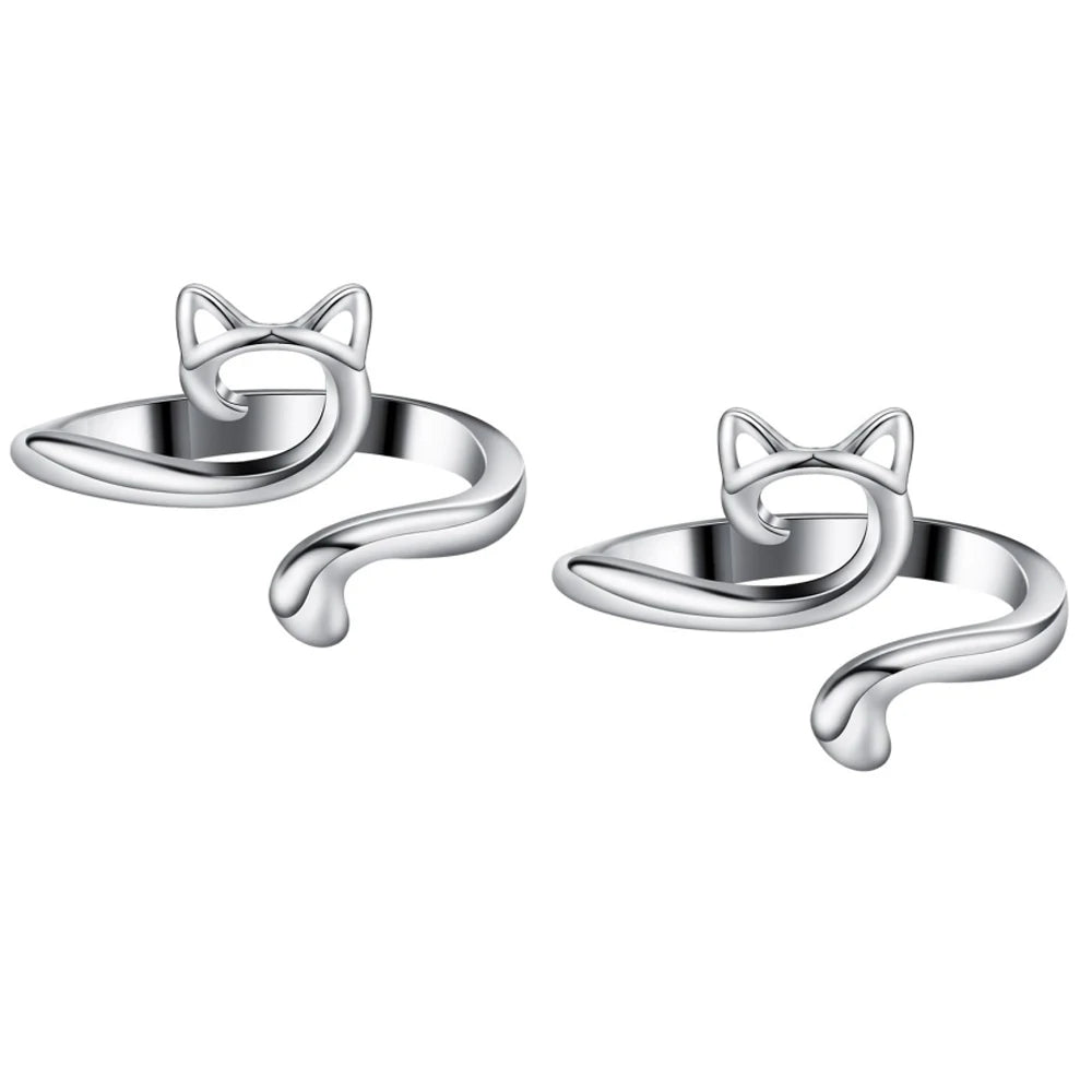 StitchEase 2 Piece Pink-Eared Silver Cat Ring Set by threadsoflilea